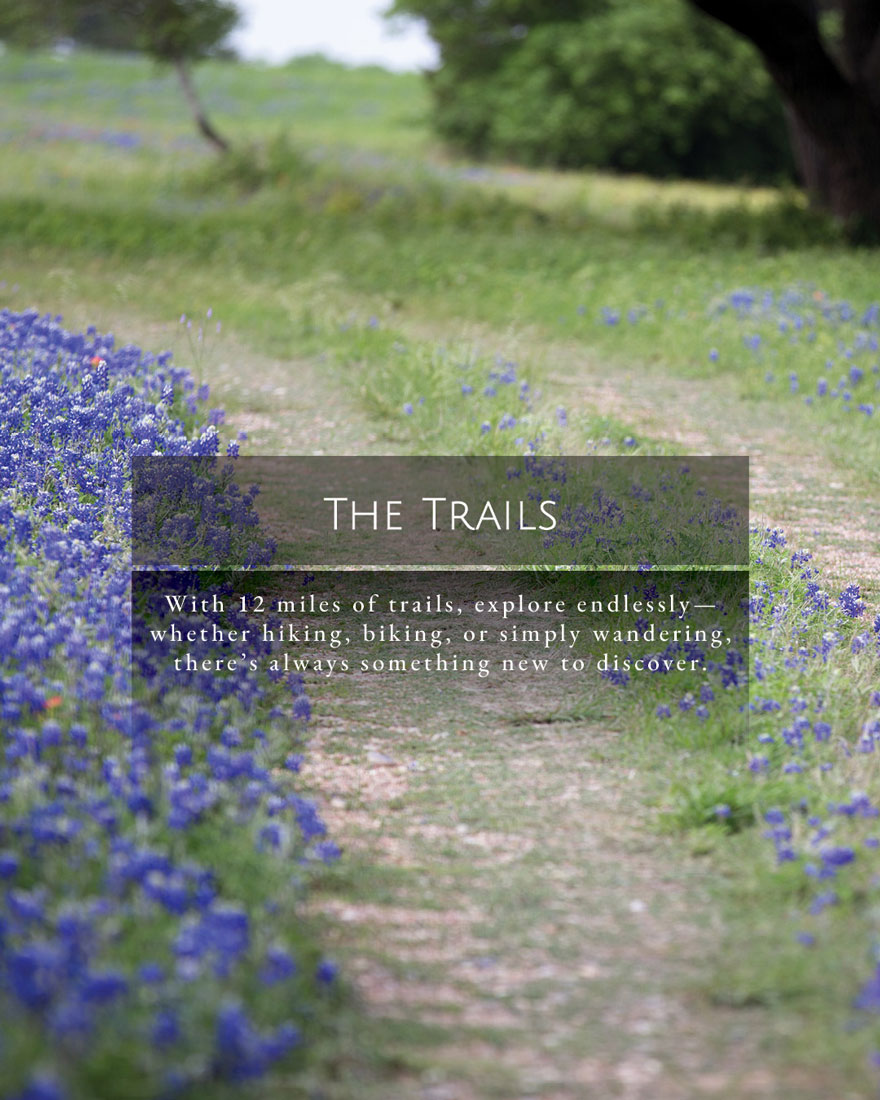 THE TRAILS: With 12 miles of trails, explore endlessly - whether hiking, biking, or simply wandering, there's always something new to discover.
