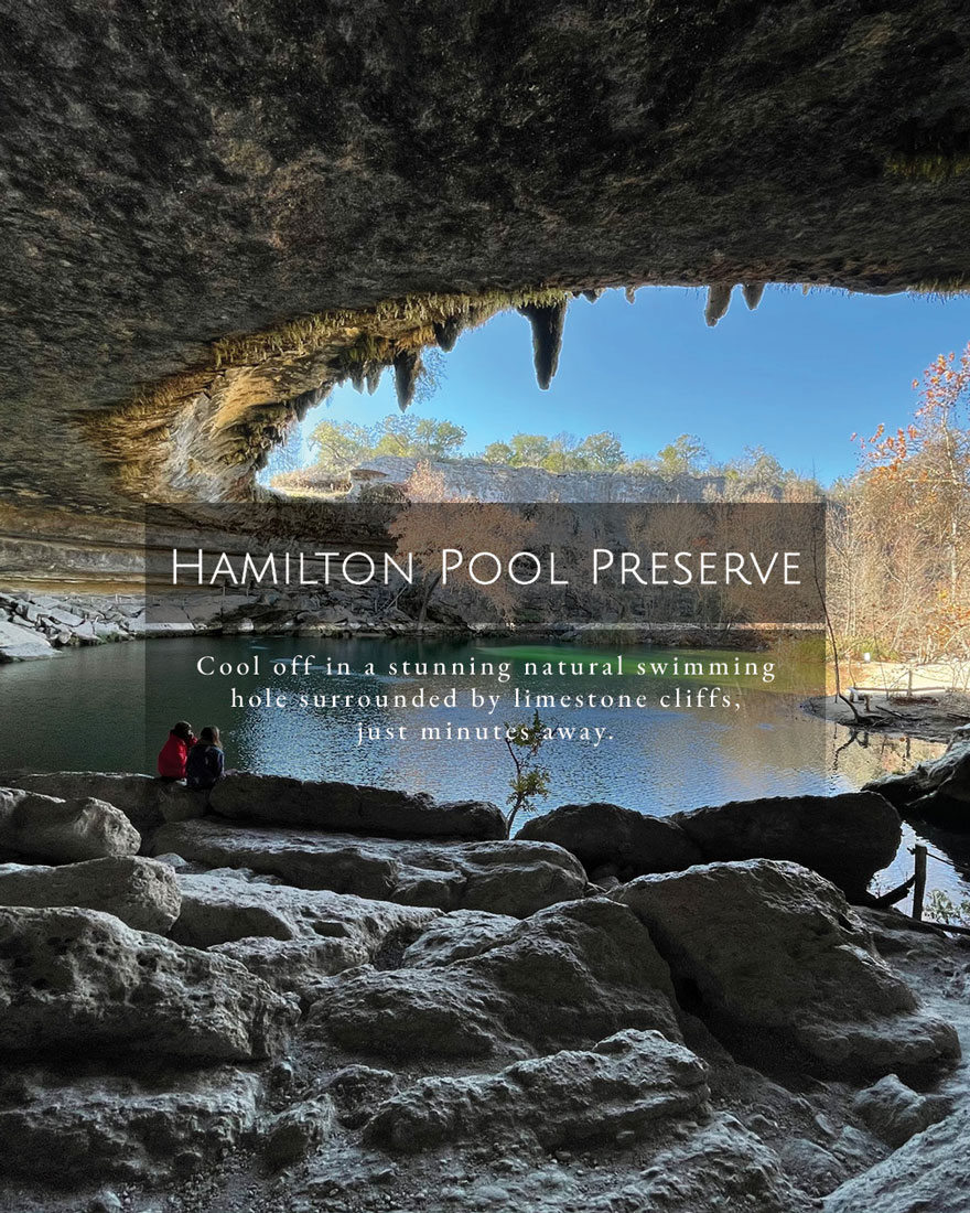 Hamilton Pool Preserve natural swimming hole with limestone overhang and waterfall